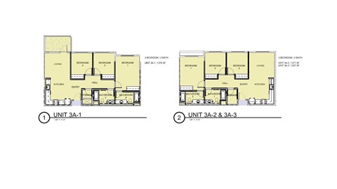 Floor plan for 3 beds, 2 baths, 1051 sqft
